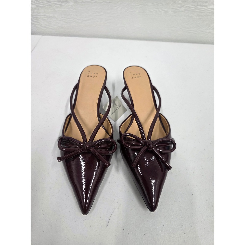 A New Day Odelia Burgundy Patent Pointed Toe Bow Kitten Heel Mules Size 8